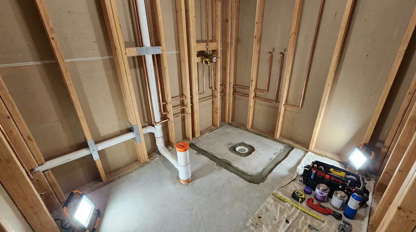 Bathroom rough-in plumbing during remodel by Johns Plumbing LLC in Mathis