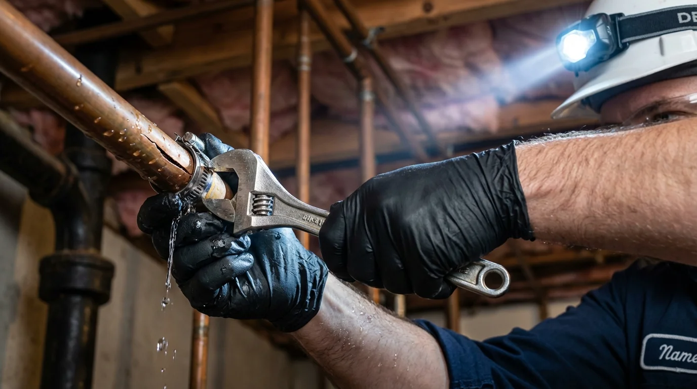 Emergency pipe clamp repair being performed by a Johns Plumbing LLC plumber in Mathis