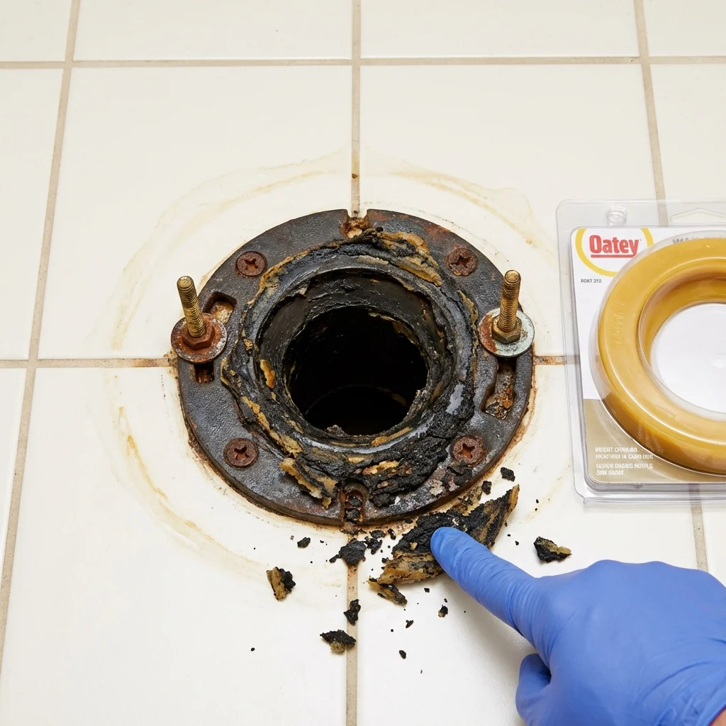 Failed wax ring showing water seepage at the base of a toilet in a Mathis, TX home