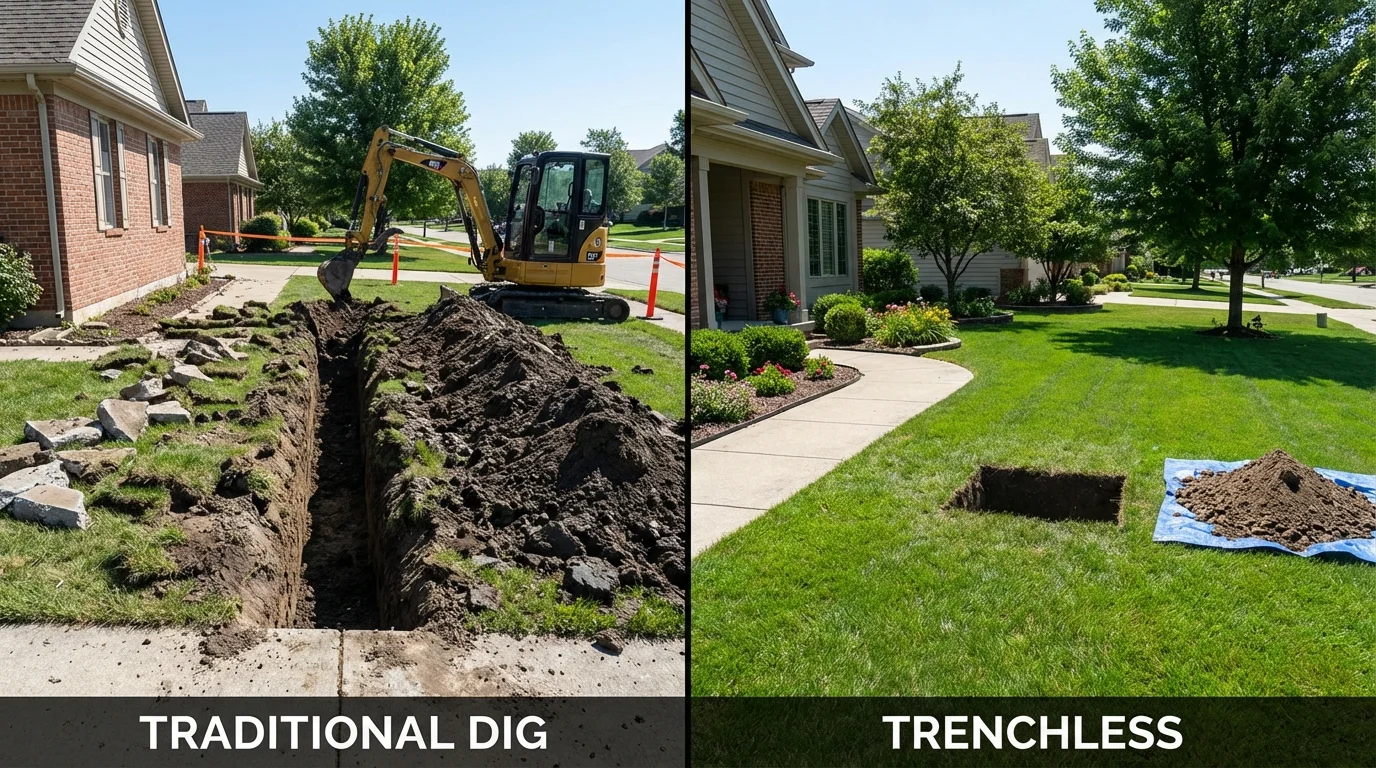 Trenchless sewer repair with minimal yard damage versus traditional excavation in Mathis, TX