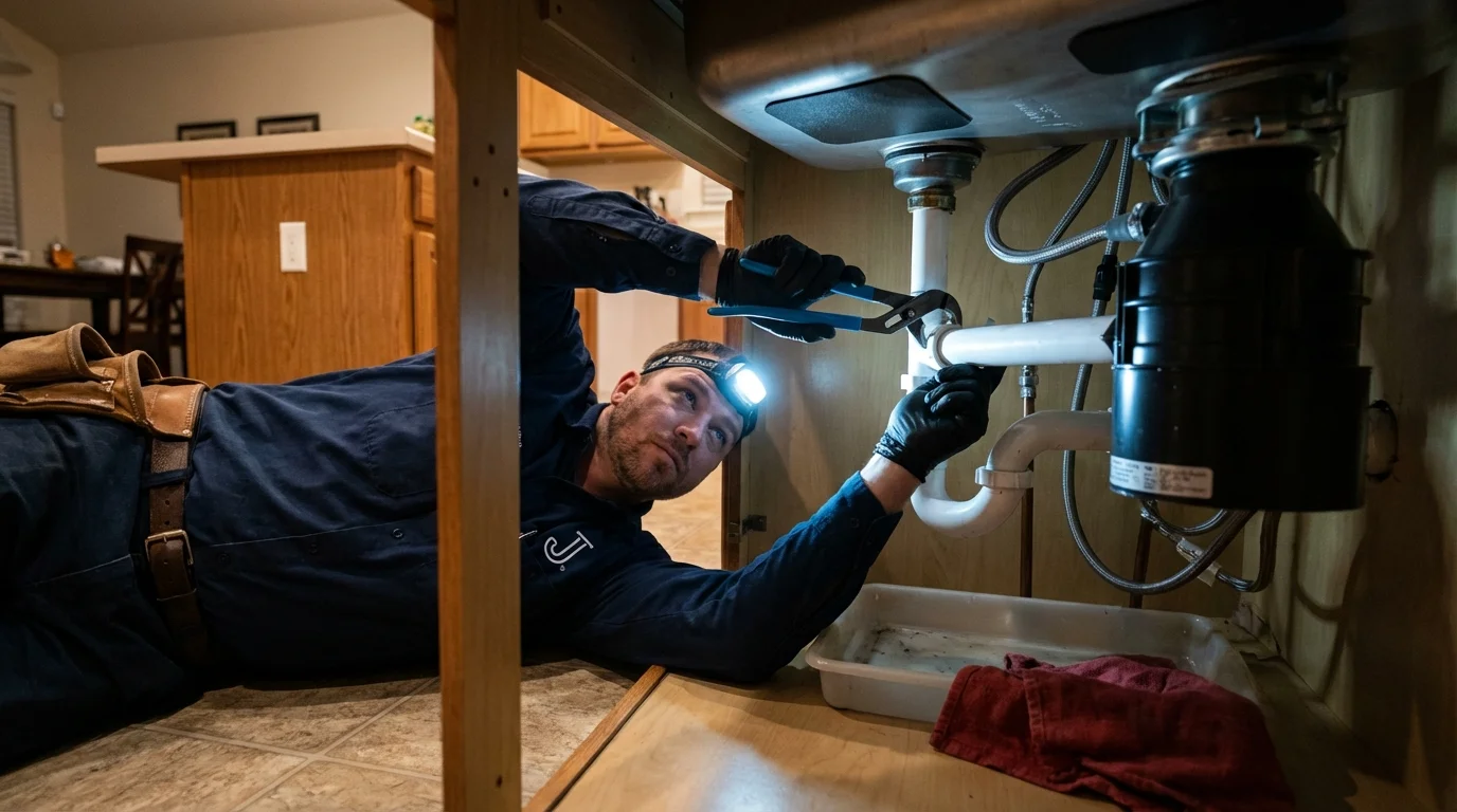 P-trap and supply line connections under a kitchen sink showing a common leak point in Mathis, TX